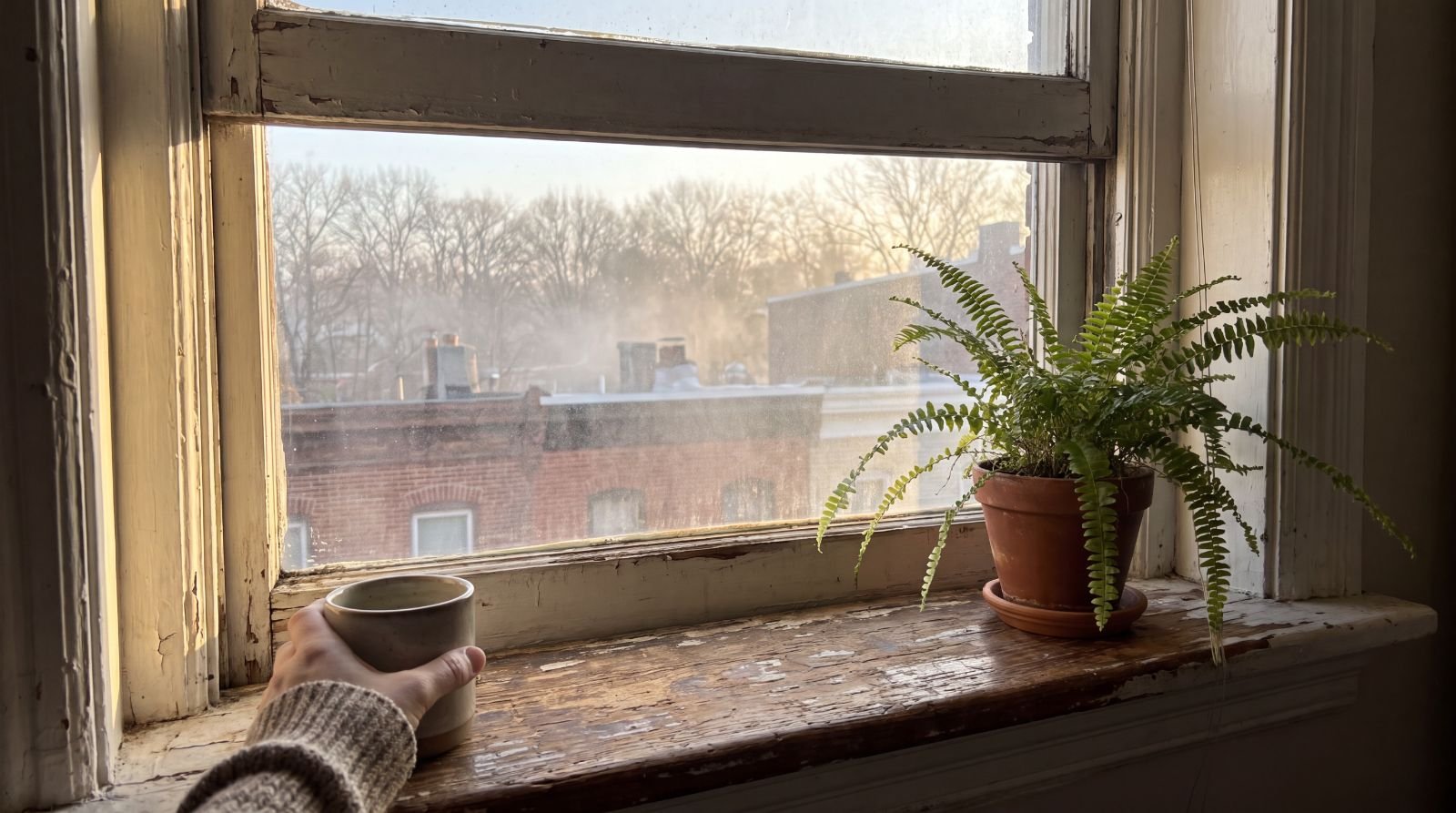 Morning light on a windowsill with a fern and a mug of tea in a Philadelphia rowhome