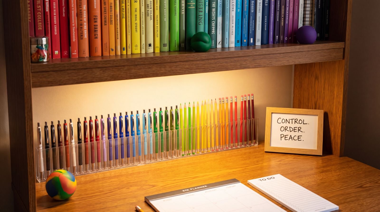 A desk with pens and books arranged by color and a framed note reading Control, Order, Peace