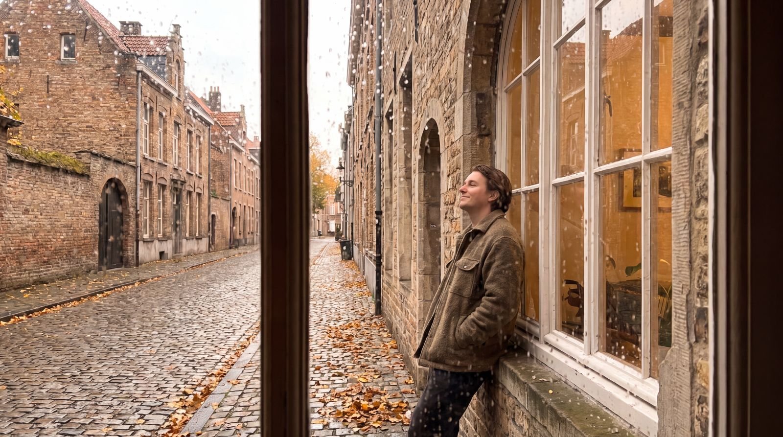 A person leaning against a building on a quiet cobblestone street, eyes closed, face lifted to the light