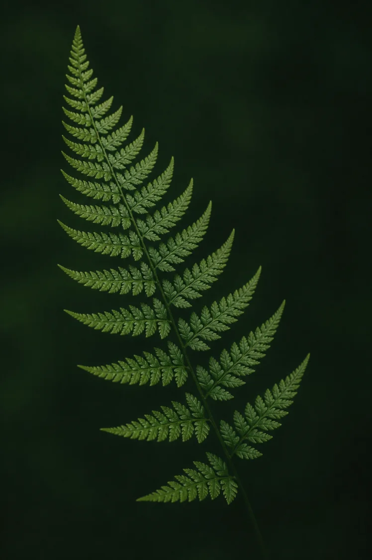 A single fern frond against a dark green field
