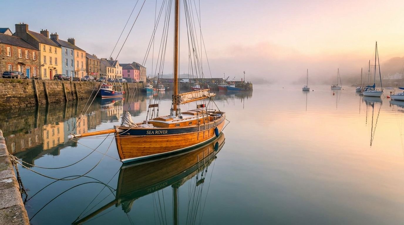 A wooden sailboat moored in a calm, misty harbor at dawn with reflections