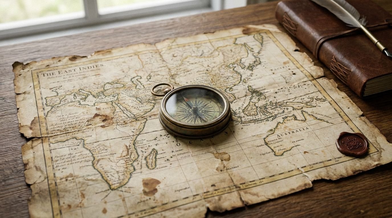 An antique brass compass resting on a worn old map with a leather journal