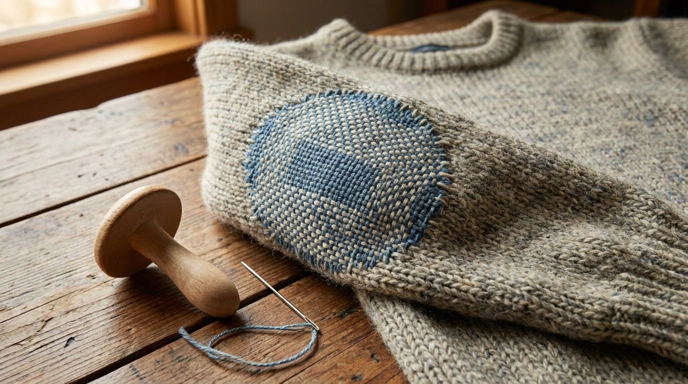 A wool sweater with a carefully darned blue patch on the elbow beside a darning tool