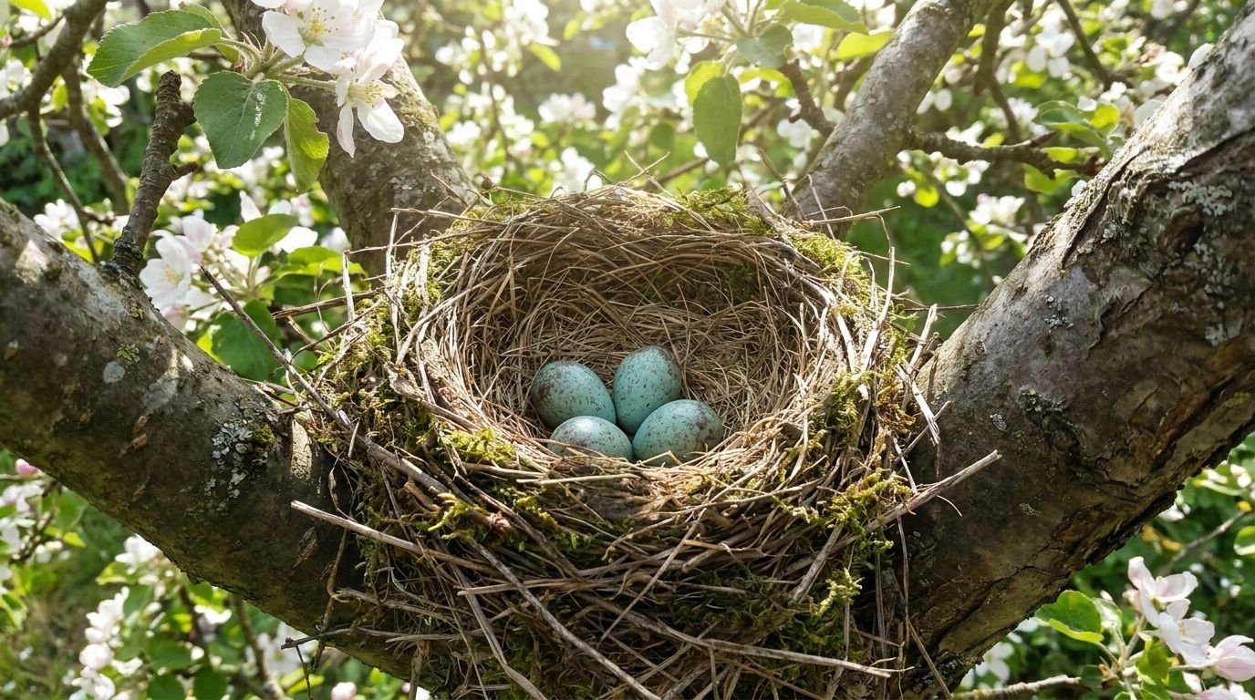 A bird nest with four speckled blue eggs cradled in a blossoming tree branch