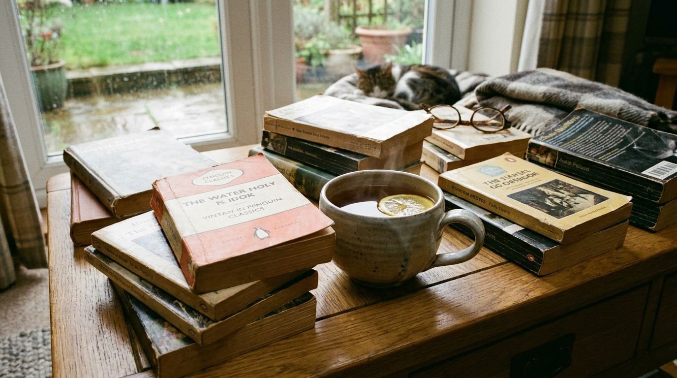 A stack of well-read books with a mug of tea beside a window with a sleeping cat