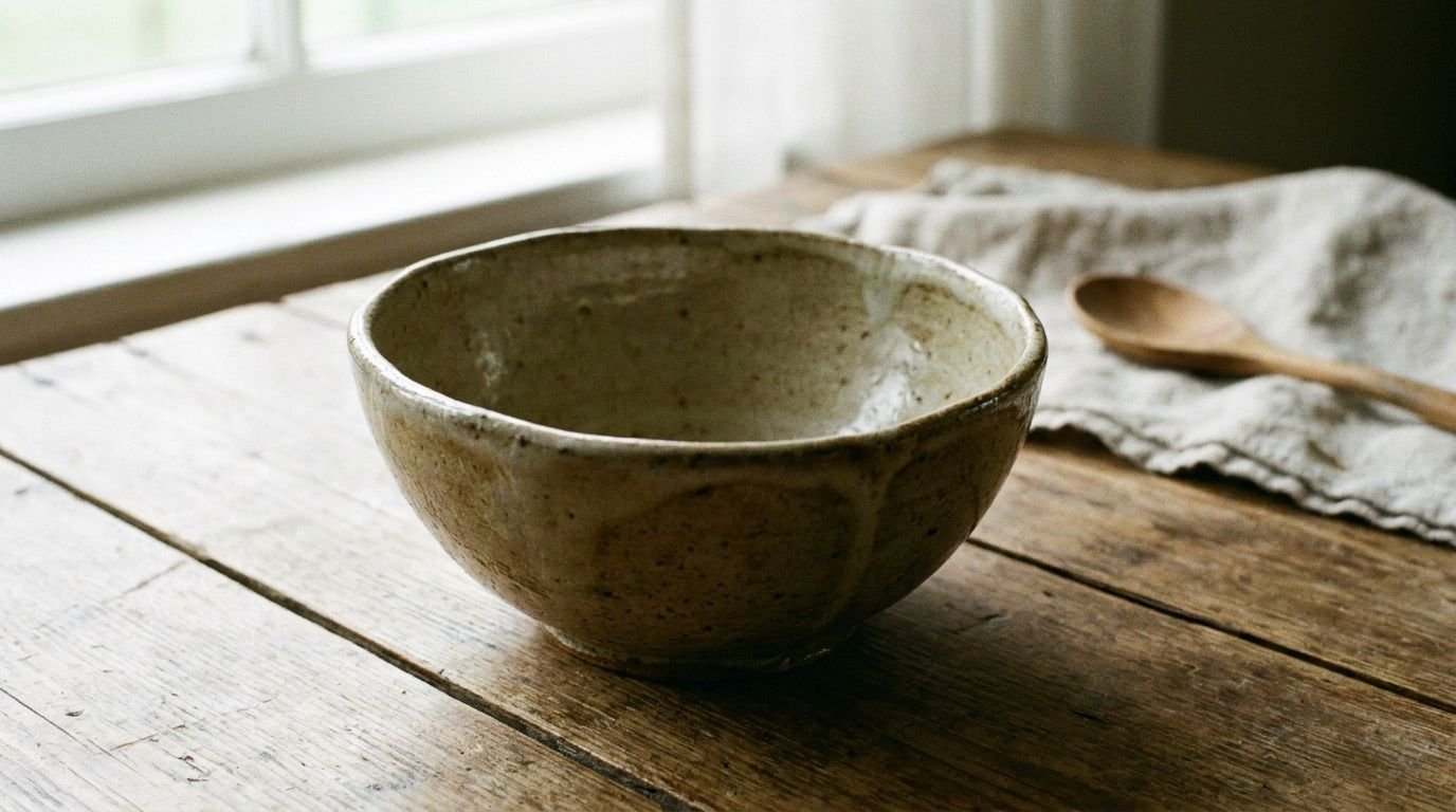 A single empty stoneware bowl on a wooden table by a window with a wooden spoon nearby