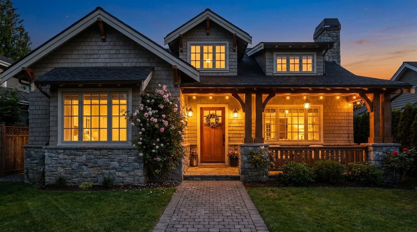 A warmly lit craftsman house facade at dusk with flowers and a lit porch