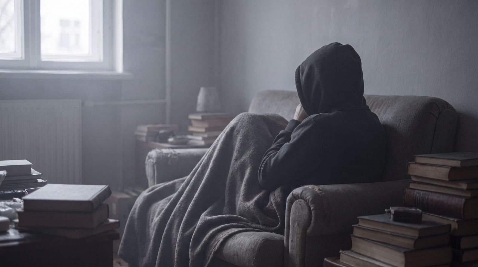 A person wrapped in a blanket on a couch in a grey, dim room, seen from behind
