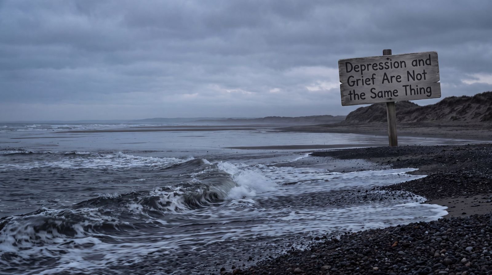 Waves rolling onto a pebbled shore under an overcast sky