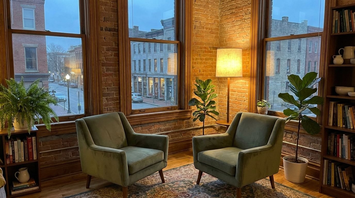 Two soft green armchairs facing each other in a warm, plant-filled Old City therapy room