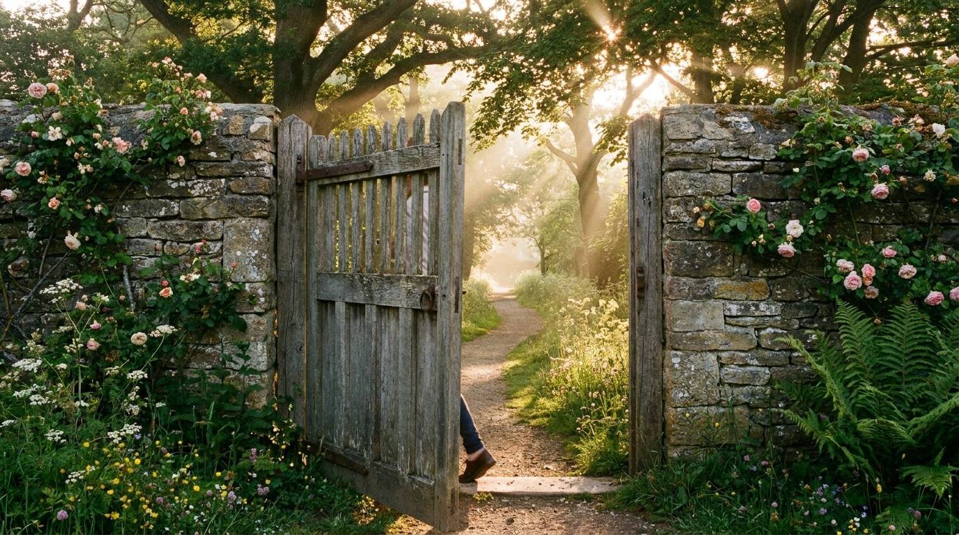 An open wooden gate in a stone wall looking onto a sunlit garden path
