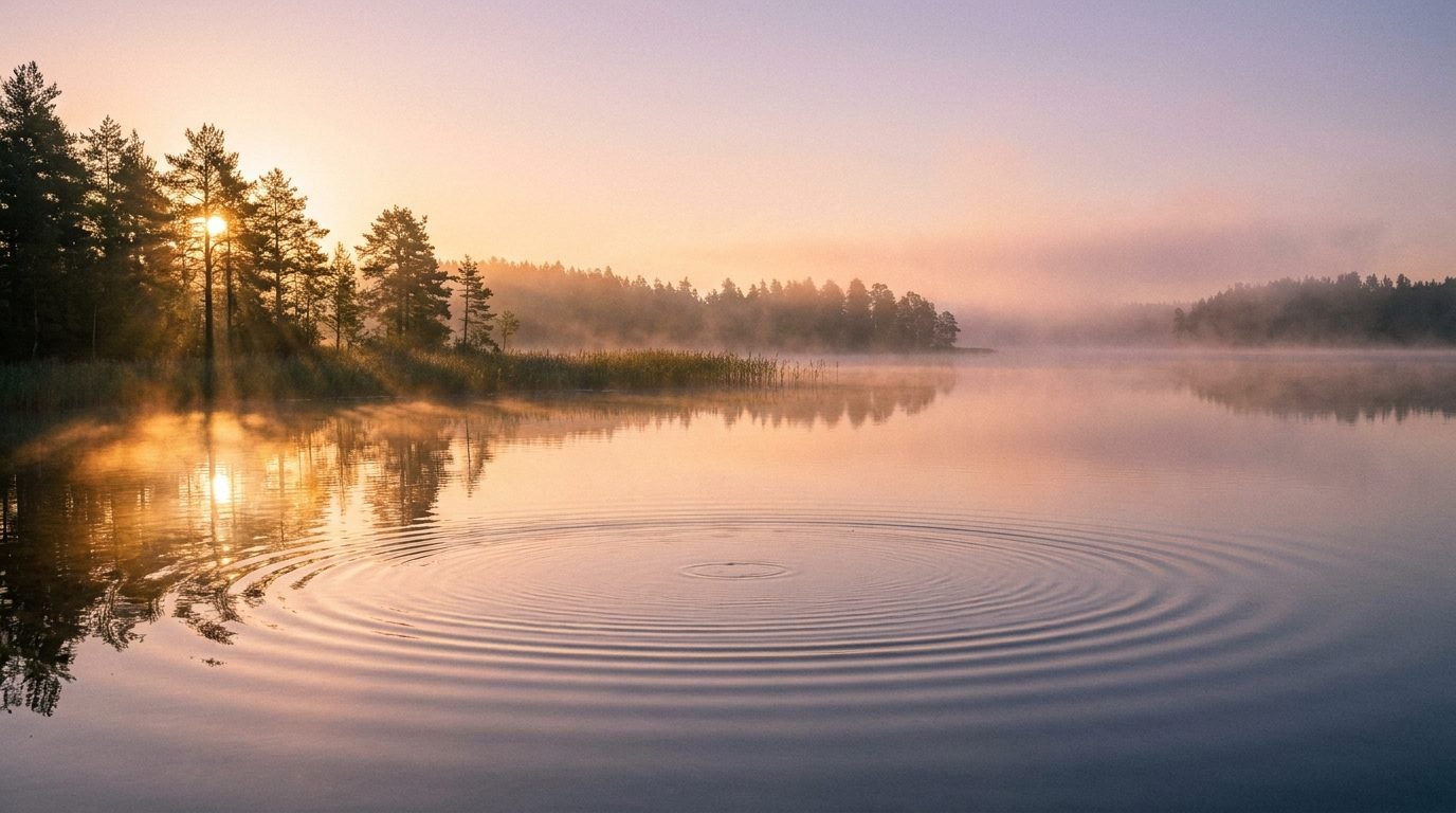 Morning light and mist over the still surface of a lake, faint ripples widening outward