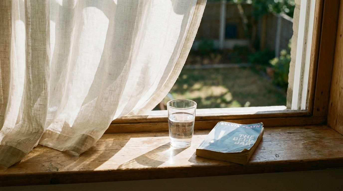 Sunlit windowsill with a glass of water and a worn paperback