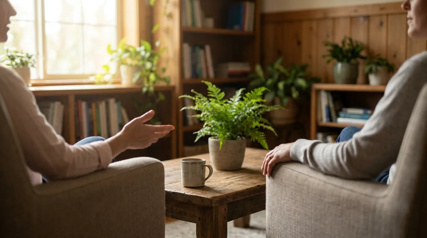 Two people in conversation across a low table in a warm, plant-filled therapy room at Turning Leaf Therapy, Old City Philadelphia