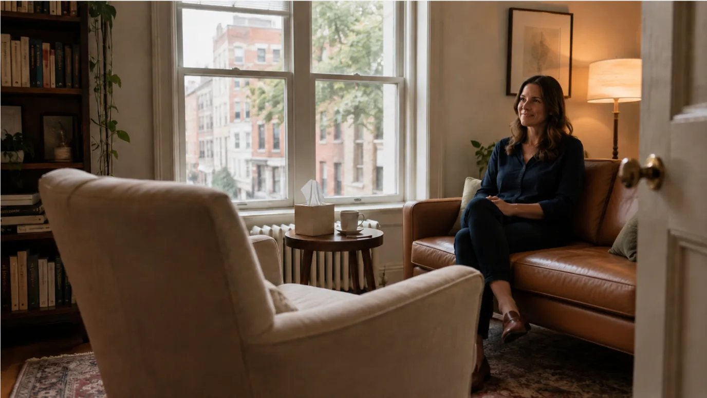 A therapy office in Old City Philadelphia, with a client seated on a couch by the window before a session
