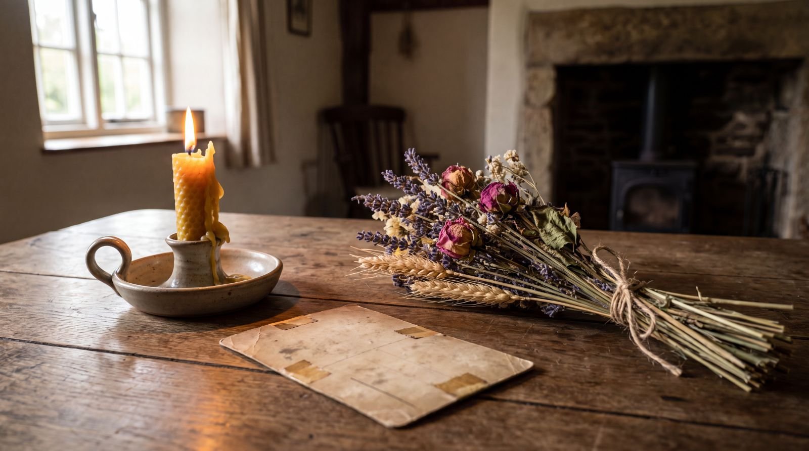 A lit beeswax candle beside a bundle of dried flowers and an old photograph on a wooden table