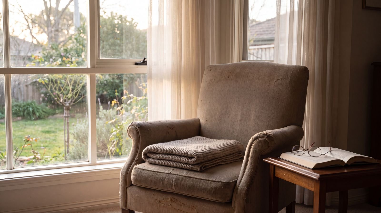 An empty armchair by a sunlit window with a folded blanket, an open book and reading glasses on a side table