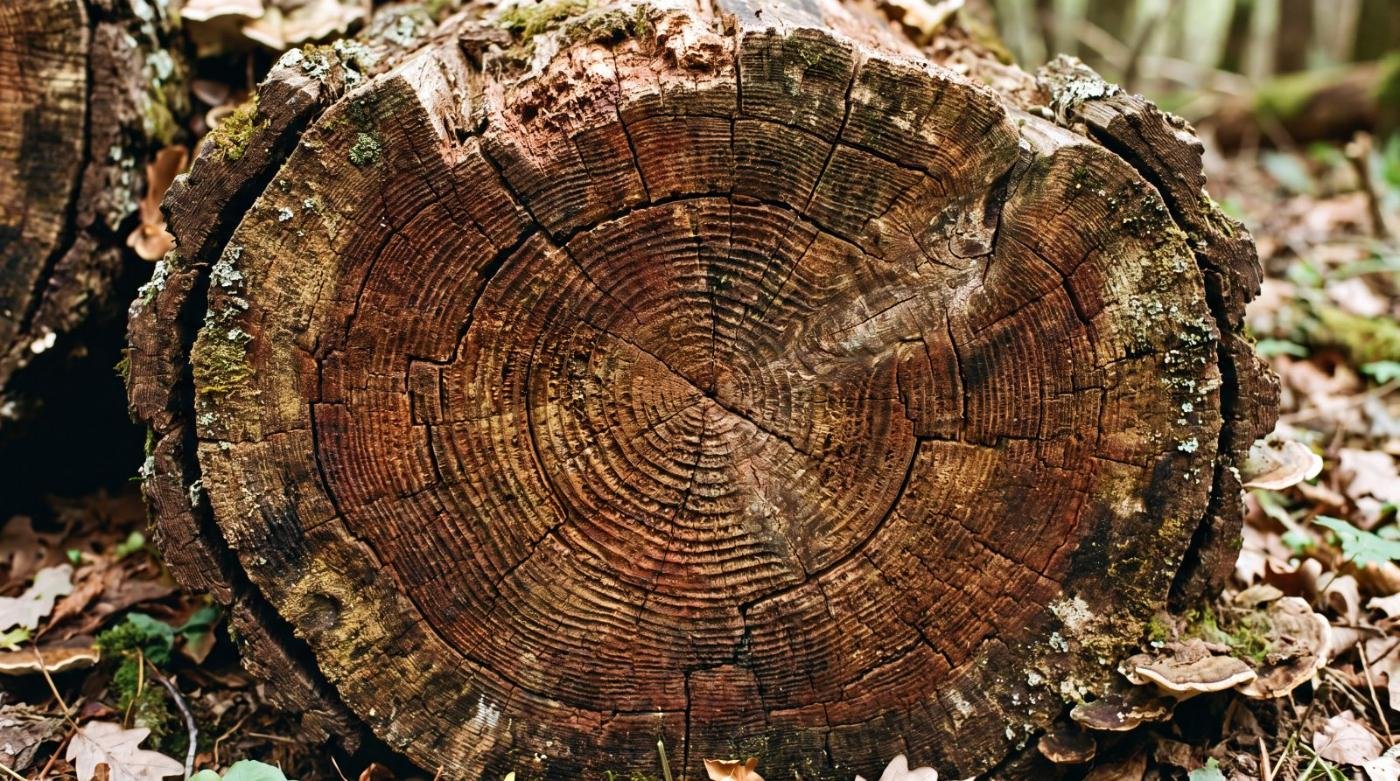 A close cross-section of a cut log showing its growth rings, on the forest floor