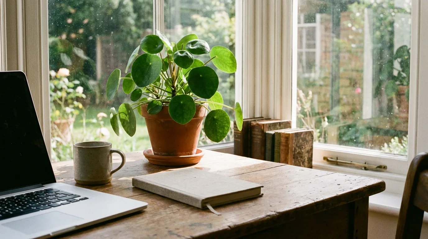 A sunlit desk with a plant, a mug, and a closed notebook beside a garden window