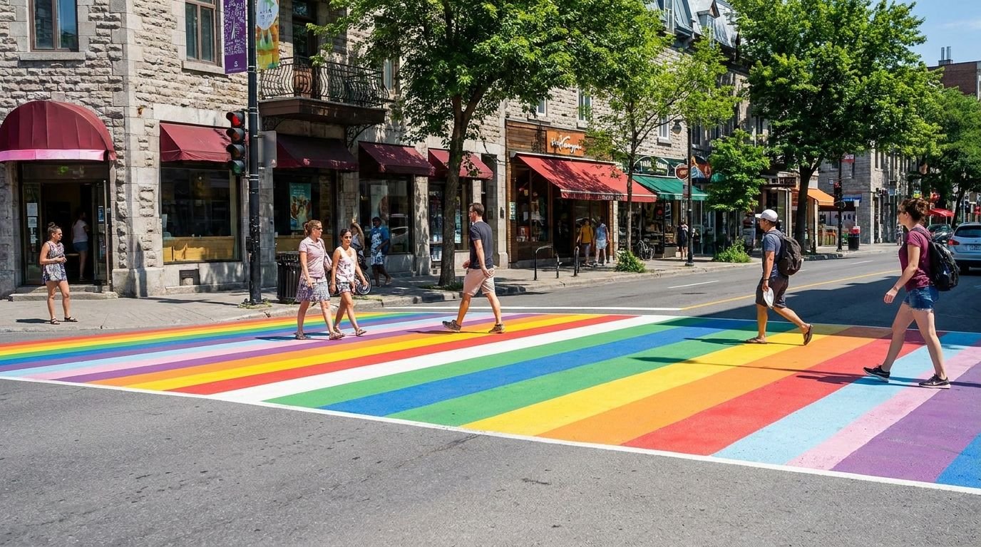 People crossing a rainbow-painted crosswalk on a sunny city street lined with shops