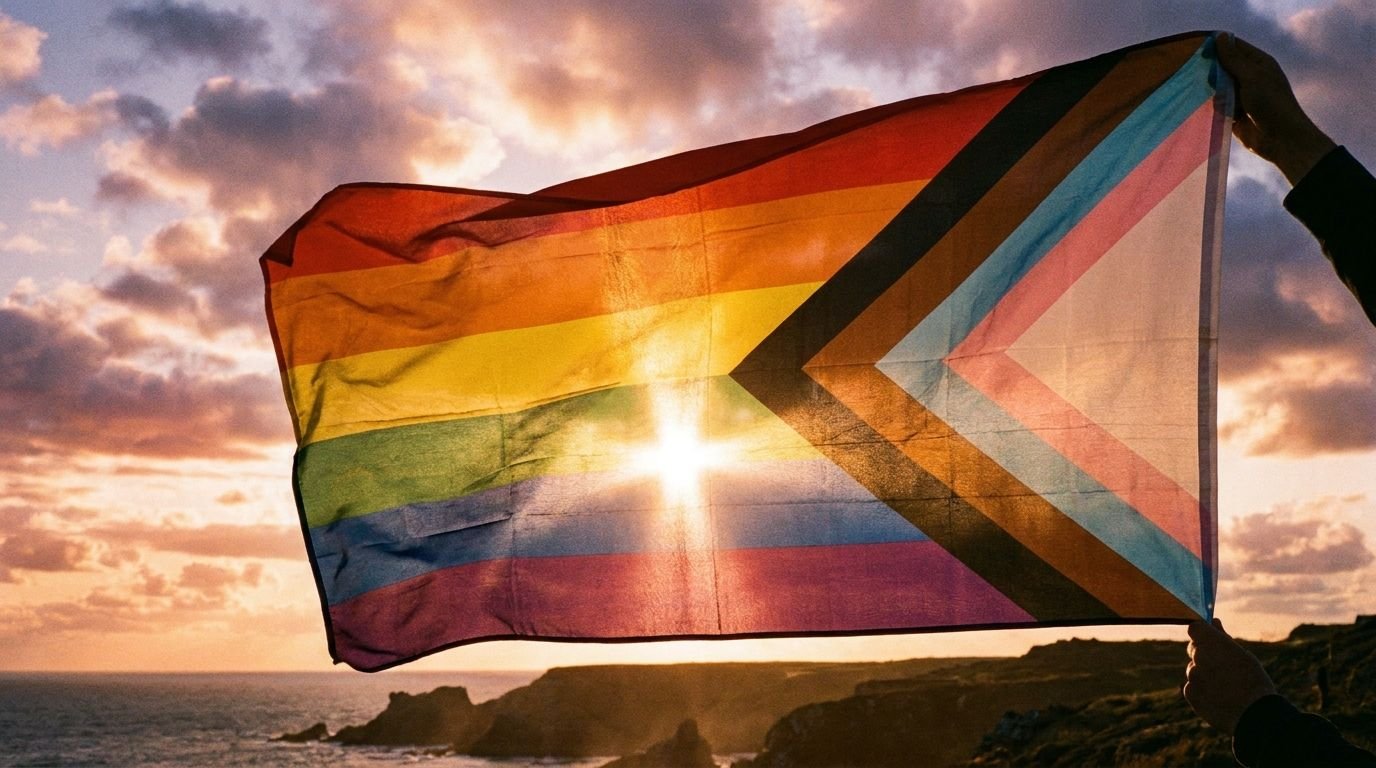A Progress Pride flag with trans-inclusive stripes held up against a sunset sky over the sea