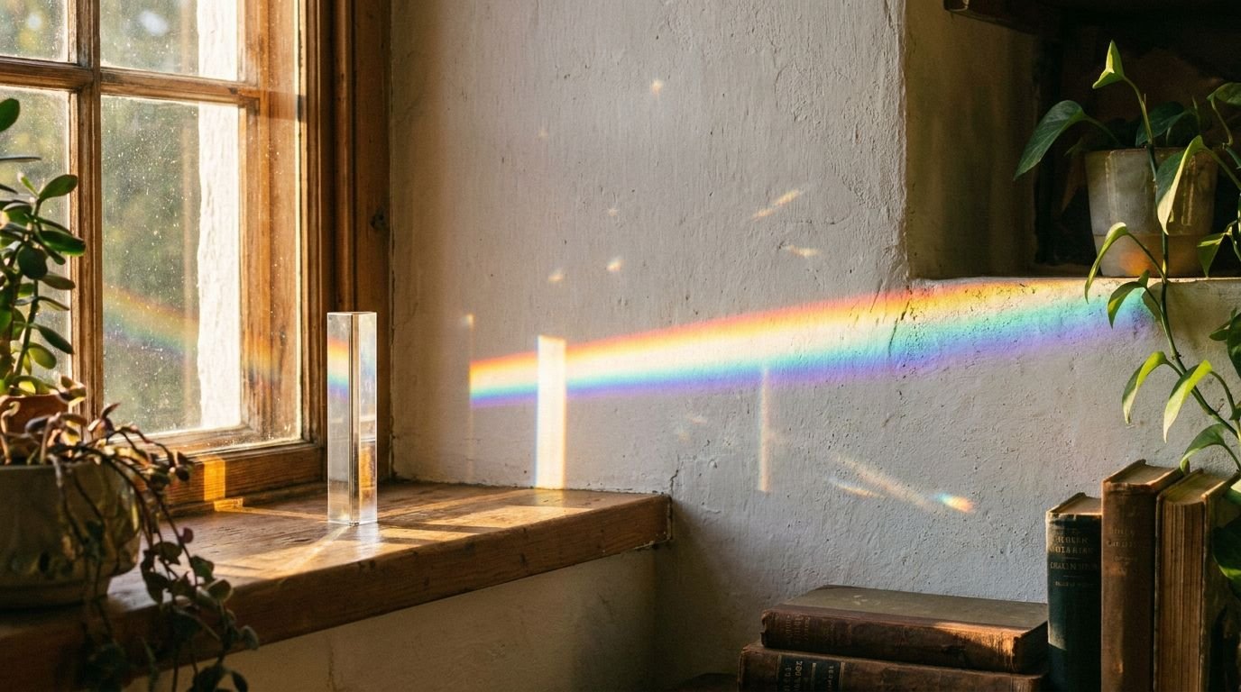Sunlight through a glass prism casting a rainbow across a plaster wall beside a window and plants