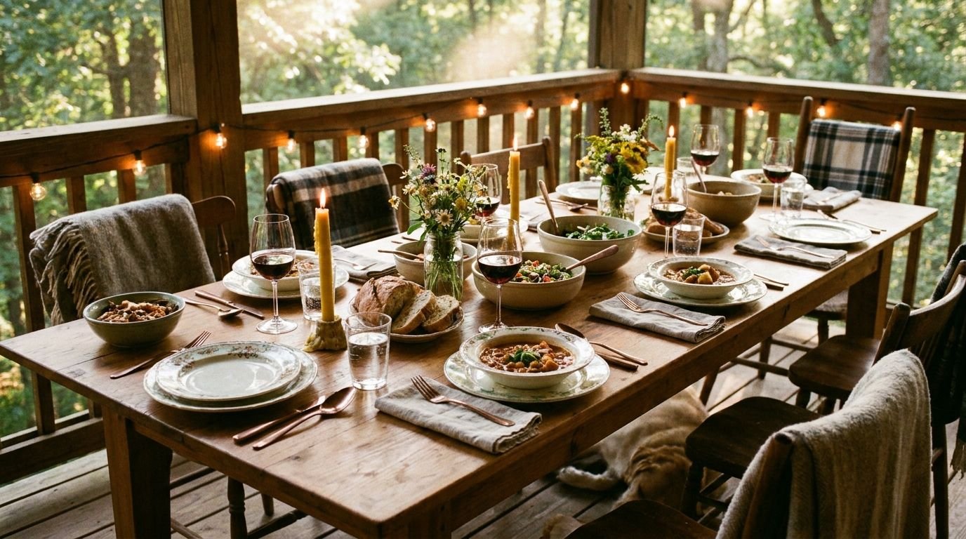 A wooden table set for a gathering of friends with candles, wine, bread and string lights