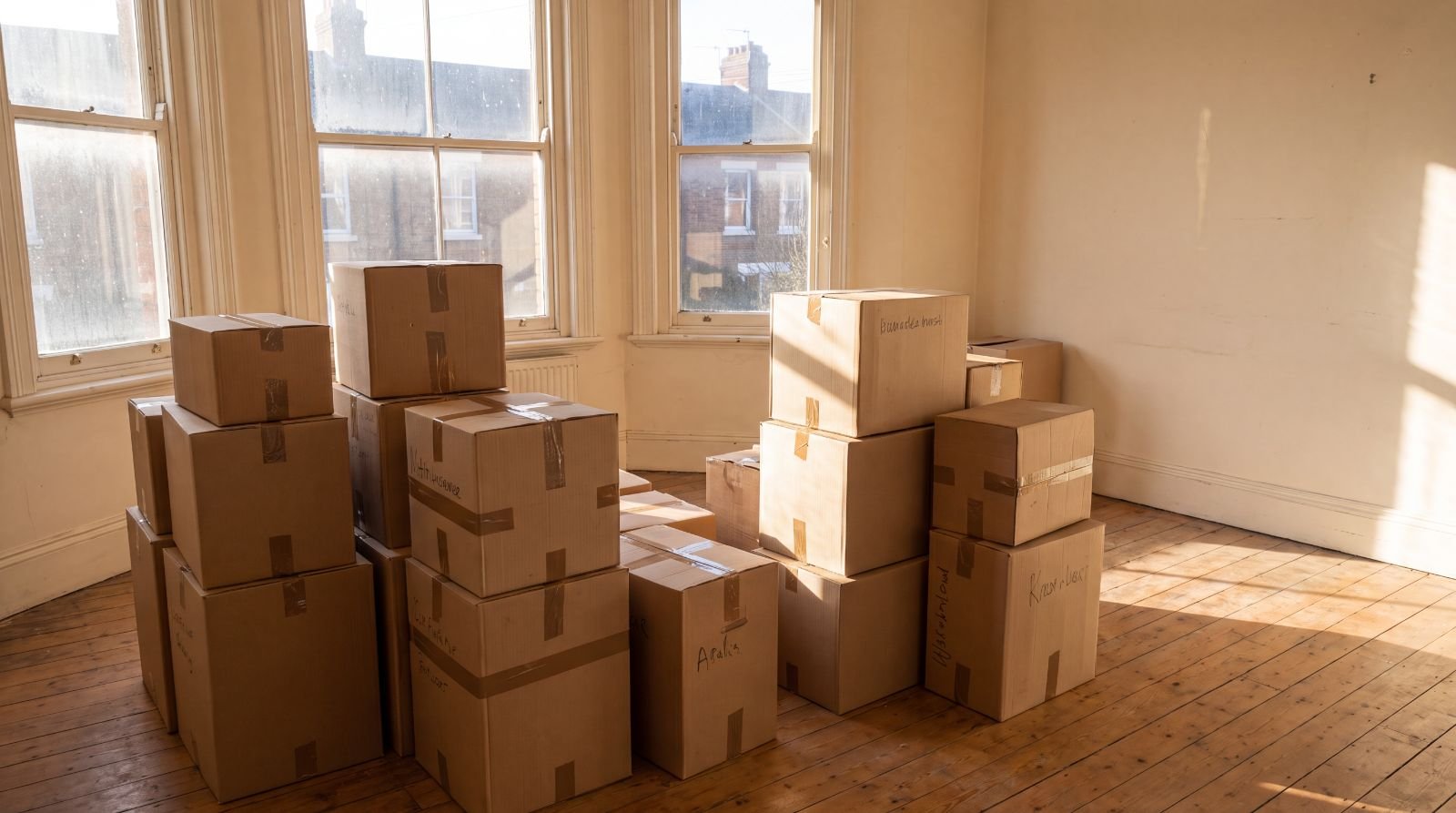 Labeled cardboard moving boxes stacked in a sunlit, nearly empty room with wood floors