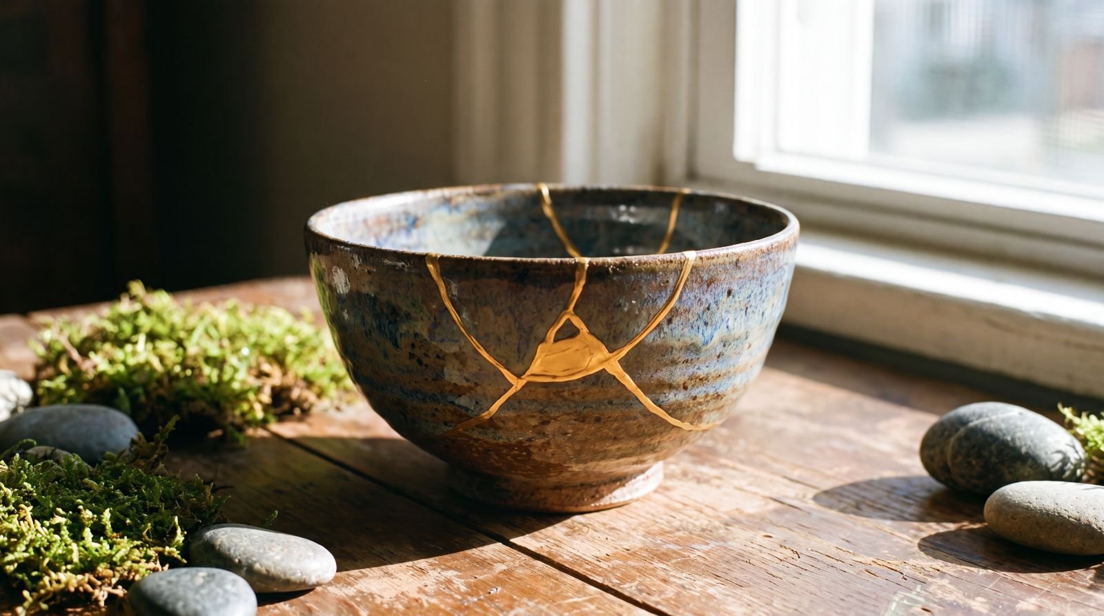 A ceramic bowl repaired with golden kintsugi seams on a wooden table by a window