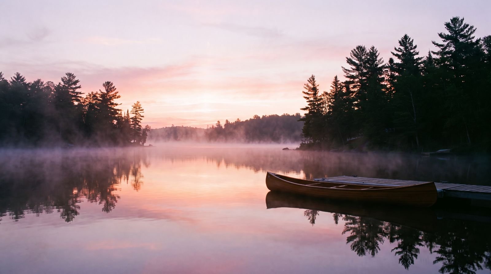 A canoe on a still, misty lake at dawn with a pink sky and pine trees