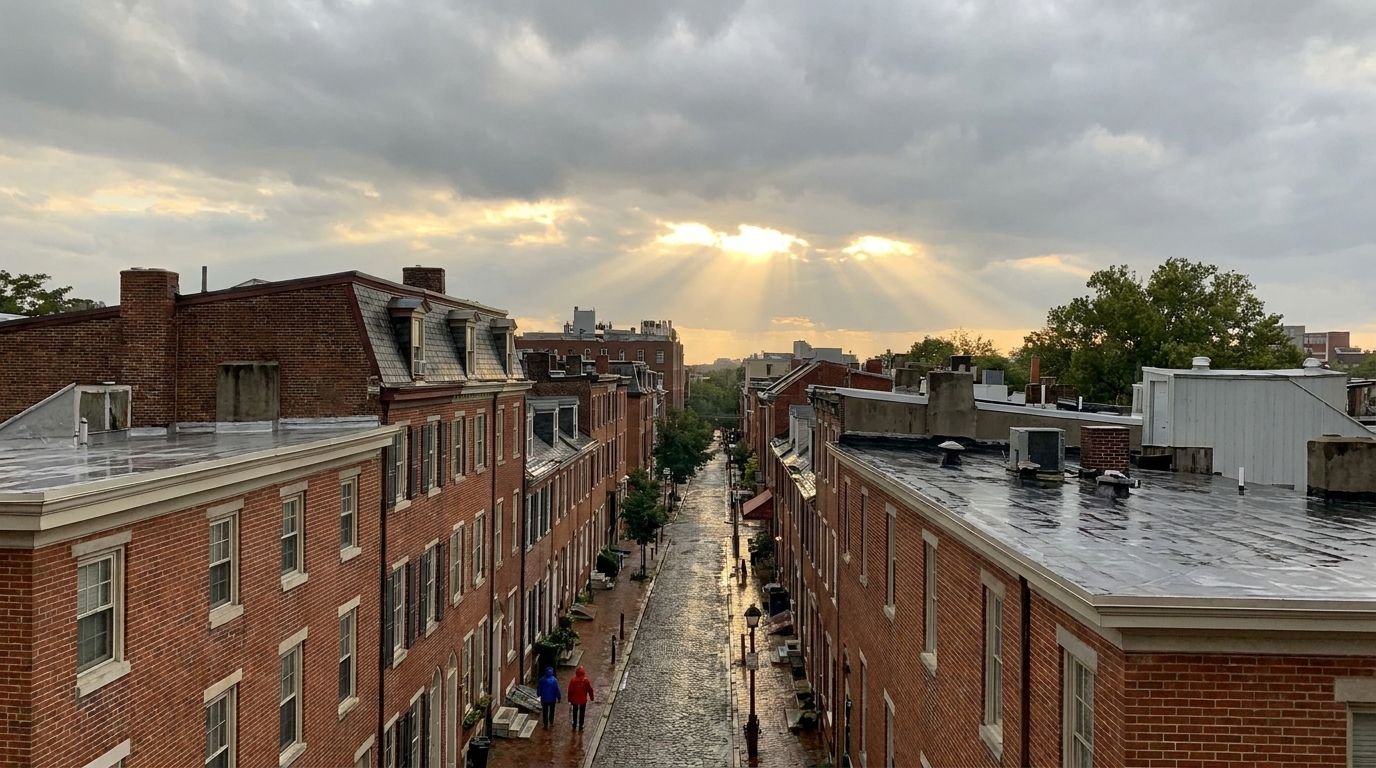 Sun breaking through clouds over a brick rowhouse street in Old City Philadelphia