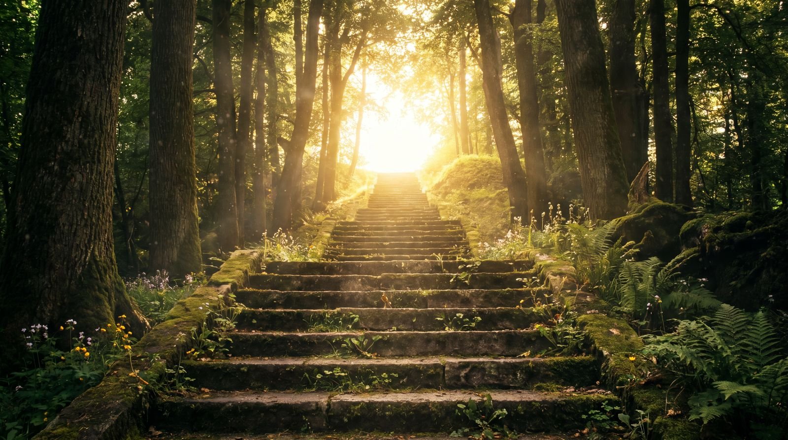 Weathered stone steps rising through a green forest toward glowing sunlight