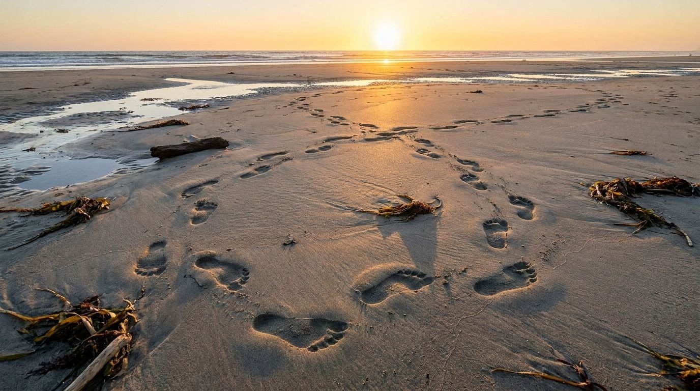 Footprints looping across a sandy beach at sunset near the water edge