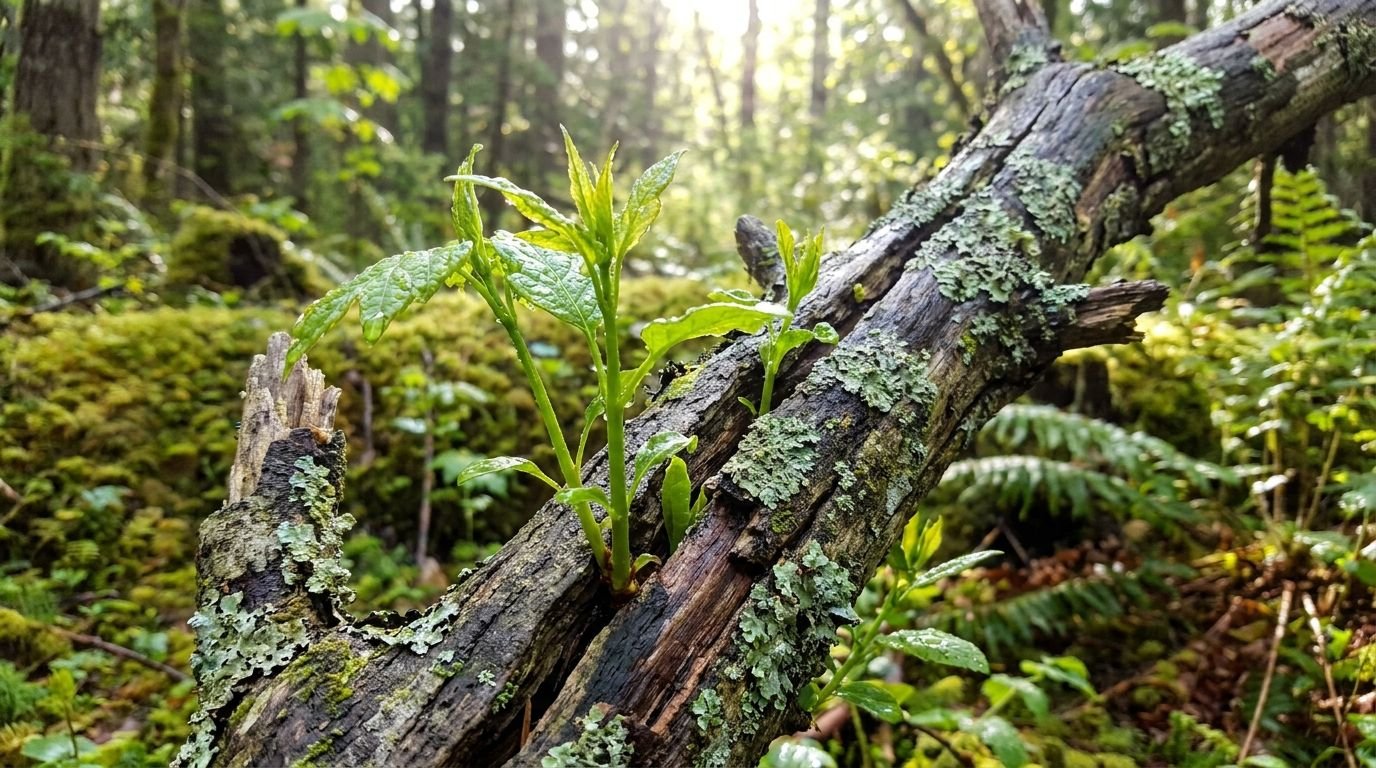 Fresh green shoots growing from a fallen, lichen-covered branch in a mossy forest