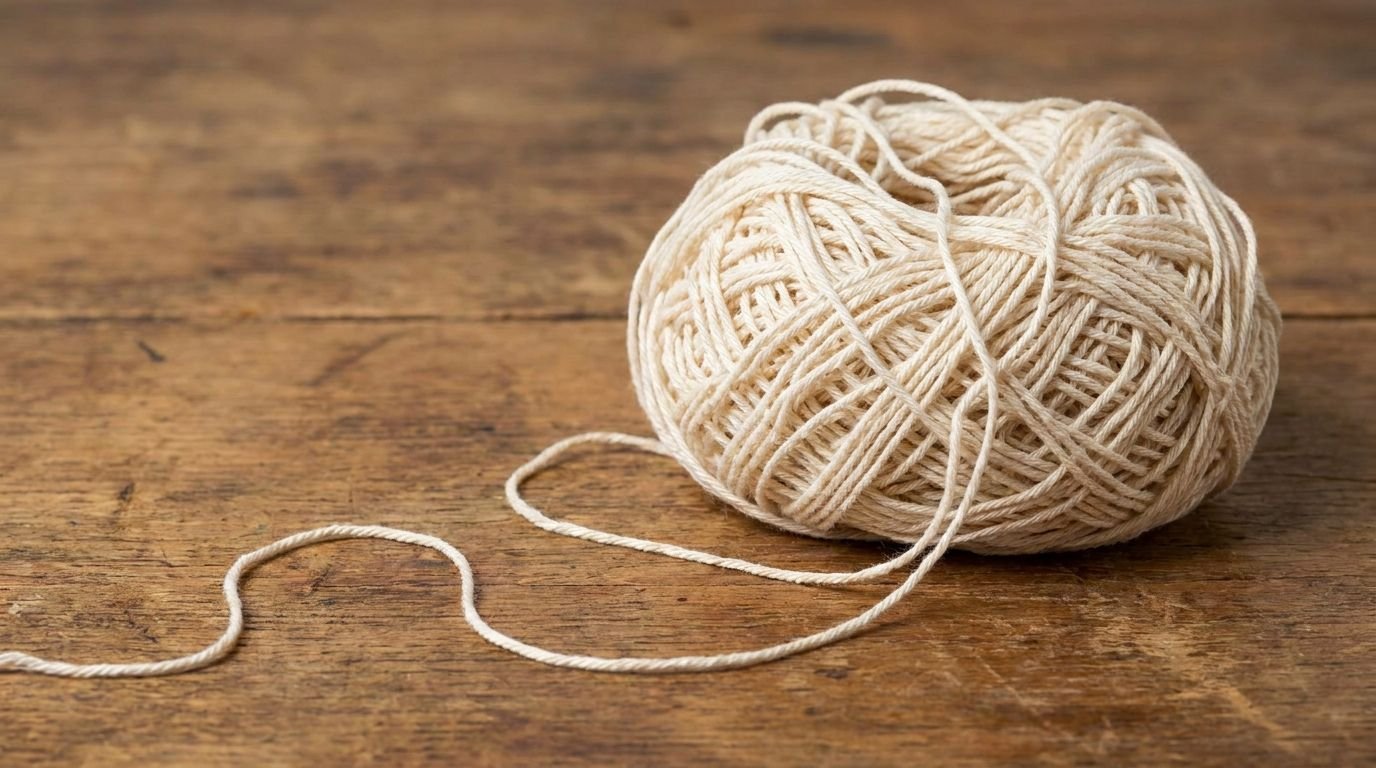 A ball of cream-colored yarn on a wooden table with a single strand trailing loose