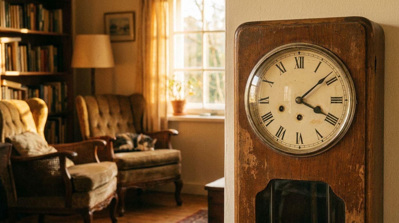 A vintage wooden wall clock in a warm, book-lined room with armchairs