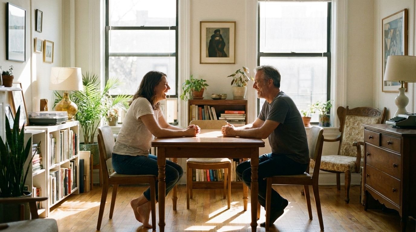 Two people sitting across a table from each other in conversation in a sunlit, plant-filled room