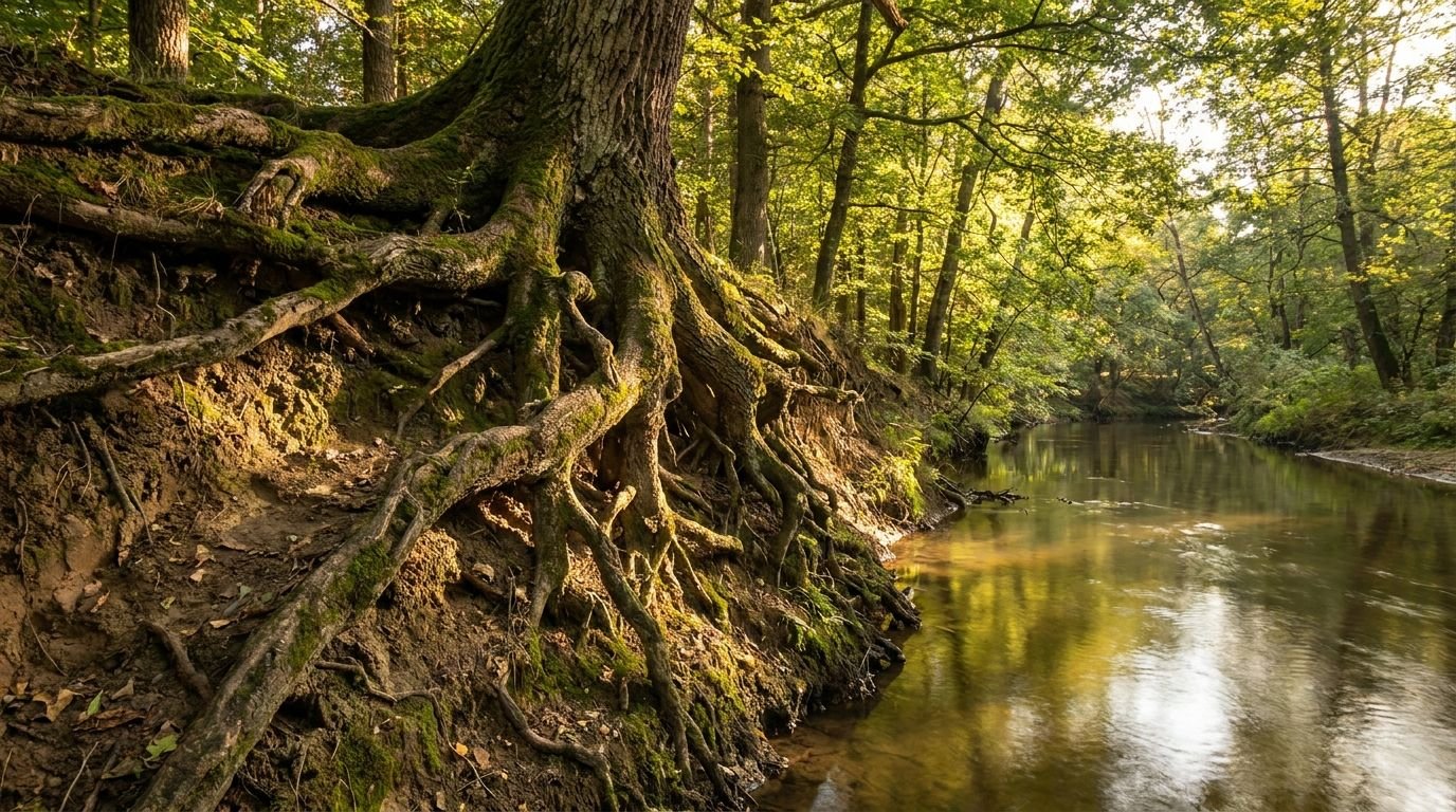 The exposed roots of a large tree gripping an earthen bank beside a calm woodland stream