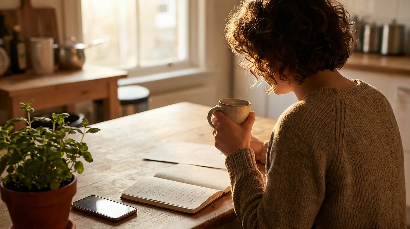 A person in a warm sweater holding a mug of coffee, journaling at a sunlit kitchen table