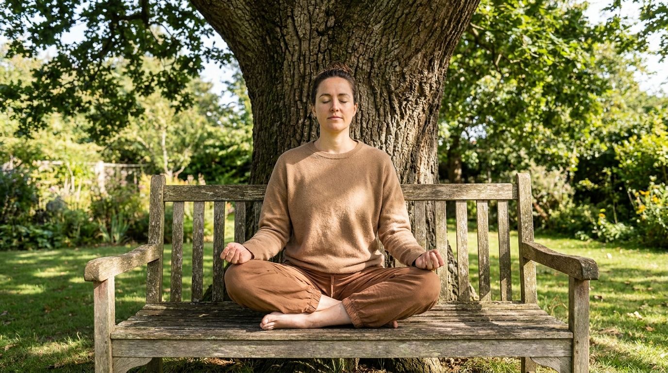 A person sitting cross-legged with eyes closed on a wooden bench beneath a large tree in a garden