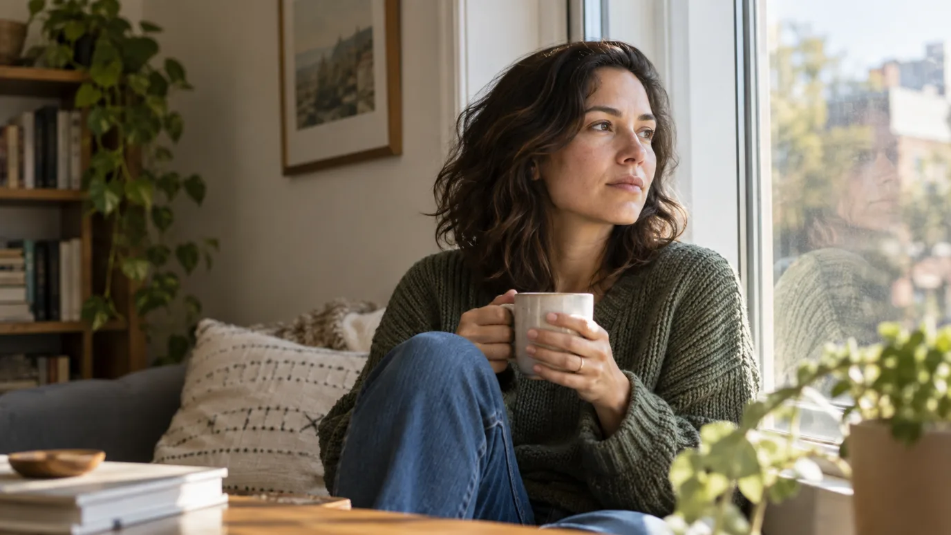 A woman in a green sweater sitting by a sunlit window with a mug, looking out in thought